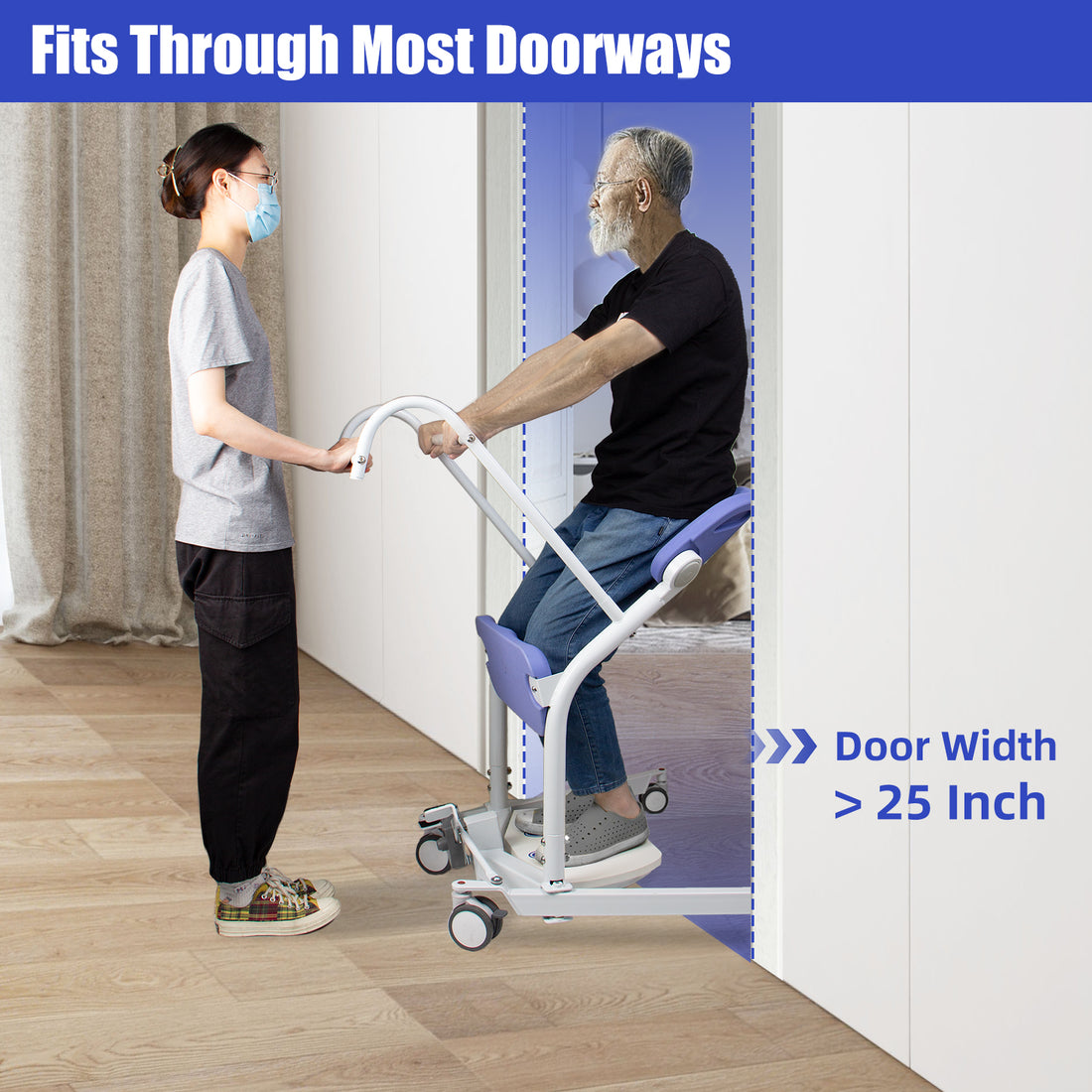 Caregiver assisting an older man seated on a manual sit-to-stand patient lift through a doorway, with a diagram indicating a doorway width greater than 25 inches.