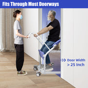 Caregiver assisting an older man seated on a manual sit-to-stand patient lift through a doorway, with a diagram indicating a doorway width greater than 25 inches.