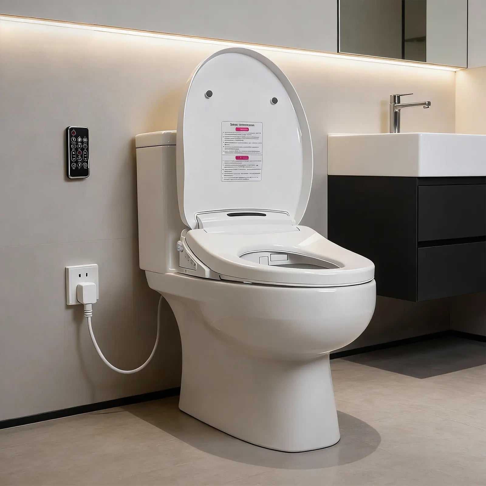 Side-angle view of a white electric bidet toilet seat installed in a bathroom, showing the open lid, elongated seat, side controls, and wall-mounted remote.