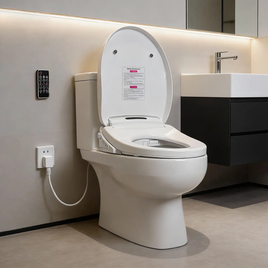 Side-angle view of a white electric bidet toilet seat installed in a bathroom, showing the open lid, elongated seat, side controls, and wall-mounted remote.