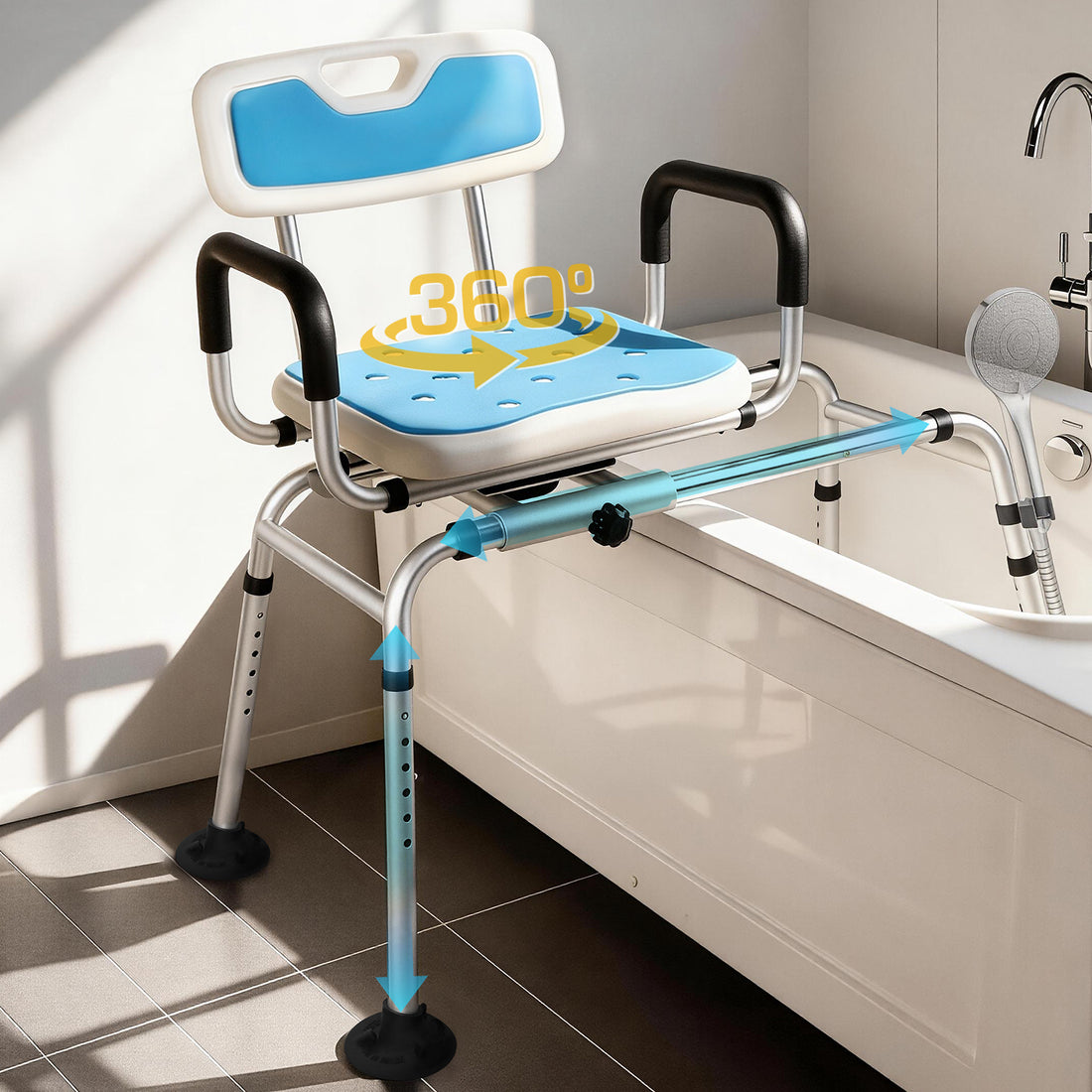 Blue swivel transfer bench shown across a bathtub with arrows illustrating 360-degree seat rotation, sliding movement along the rails, and adjustable leg height.