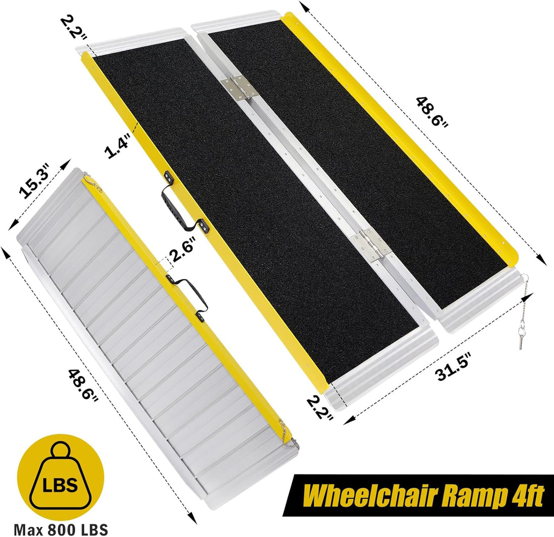 Dimension diagram of the 4-foot folding wheelchair ramp showing a 48.6 x 31.5 inch open size, 15.3-inch folded width, and stated 800 lb weight capacity.