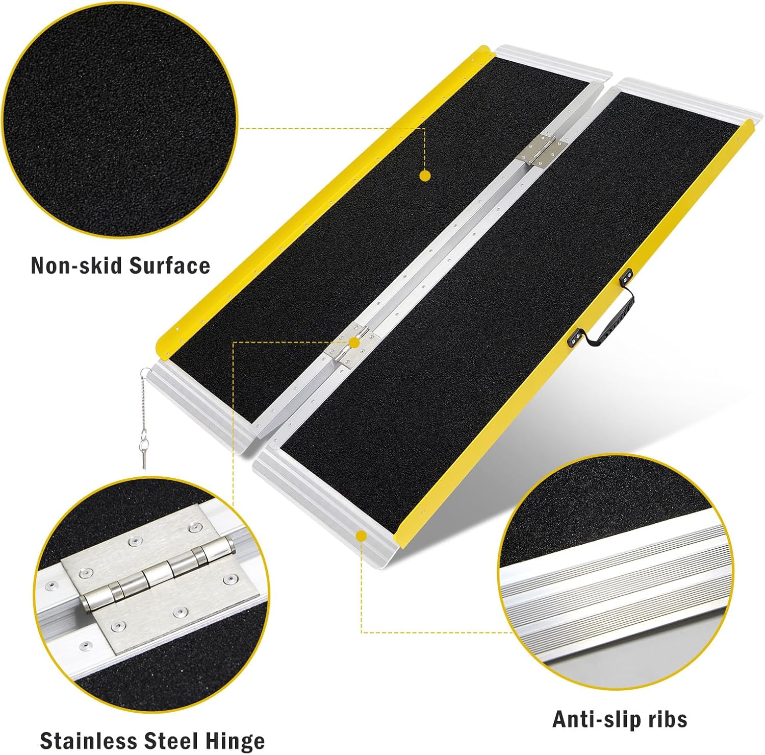 Portable wheelchair ramp feature graphic highlighting the textured non-slip surface, stainless steel folding hinges, and anti-slip ribs at the ramp ends.