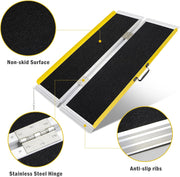 Portable wheelchair ramp feature graphic highlighting the textured non-slip surface, stainless steel folding hinges, and anti-slip ribs at the ramp ends.