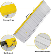 Underside view of the portable folding wheelchair ramp with close-ups of the yellow warning edges, safety latch, and reinforced aluminum stiffeners.