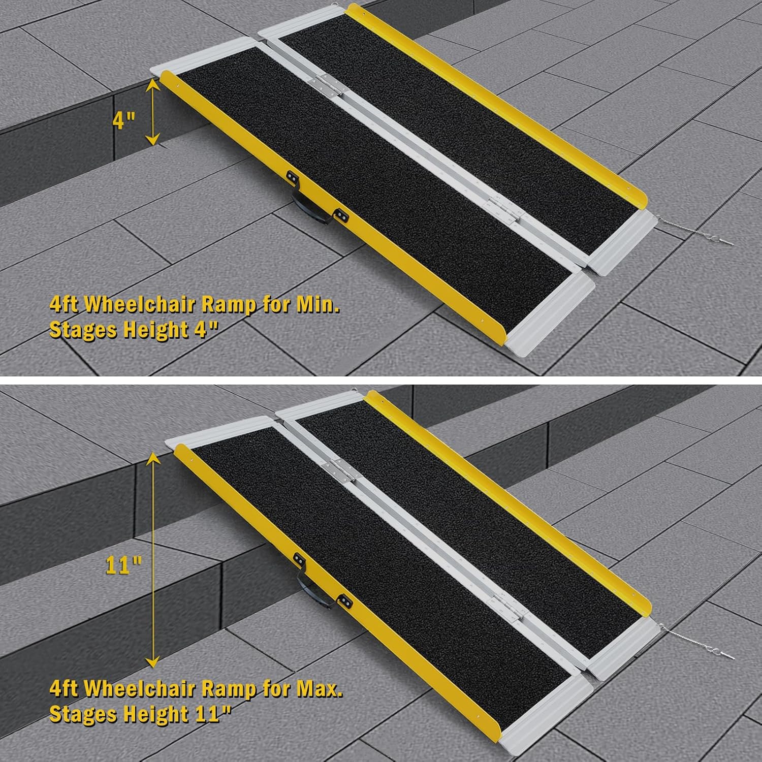 4-foot portable wheelchair ramp shown bridging outdoor steps at 4-inch and 11-inch heights, illustrating the ramp's stated step-height range.