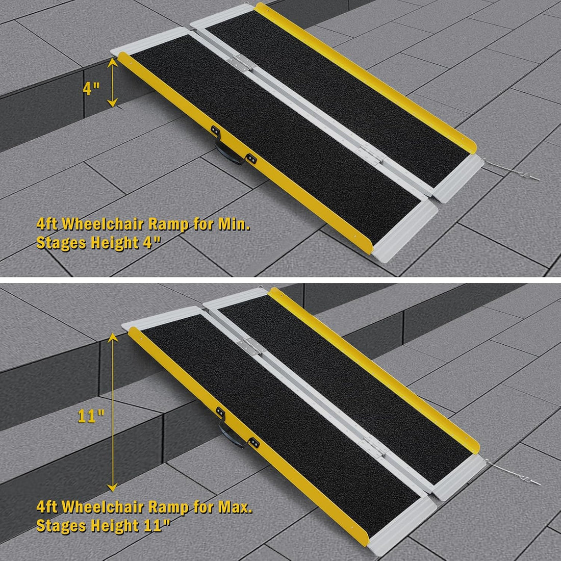 4-foot portable wheelchair ramp shown bridging outdoor steps at 4-inch and 11-inch heights, illustrating the ramp's stated step-height range.