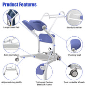 Product feature diagram of the manual sit-to-stand lift highlighting padded knee support, grab bars, pivoting seat pads, non-slip foot platform, adjustable base, steel frame, and lockable rear wheels.