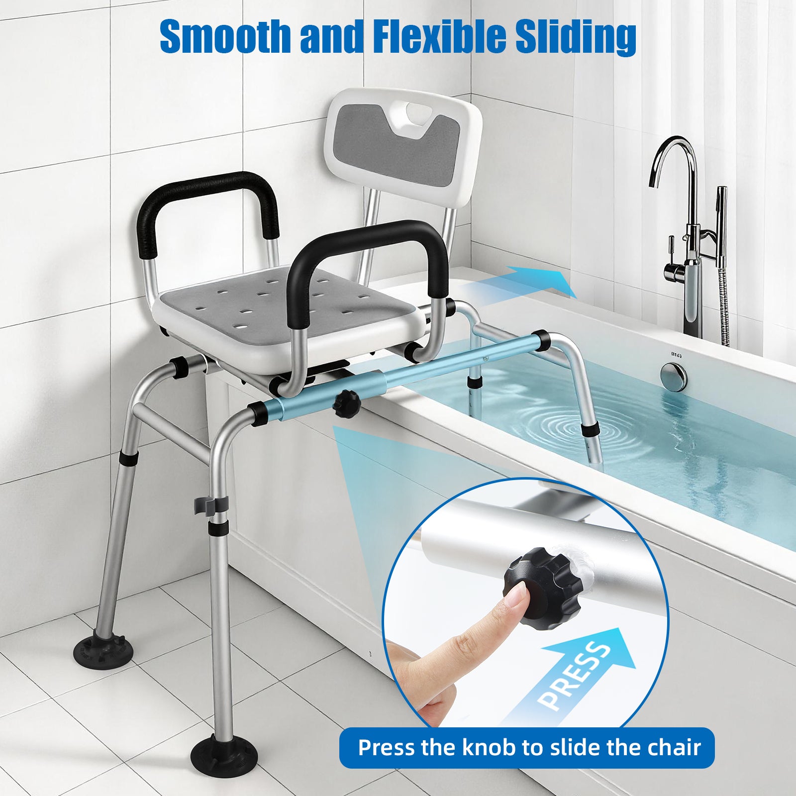 Gray sliding tub transfer bench positioned across a bathtub, with arrows showing seat movement along the rails and a close-up of the sliding control knob.