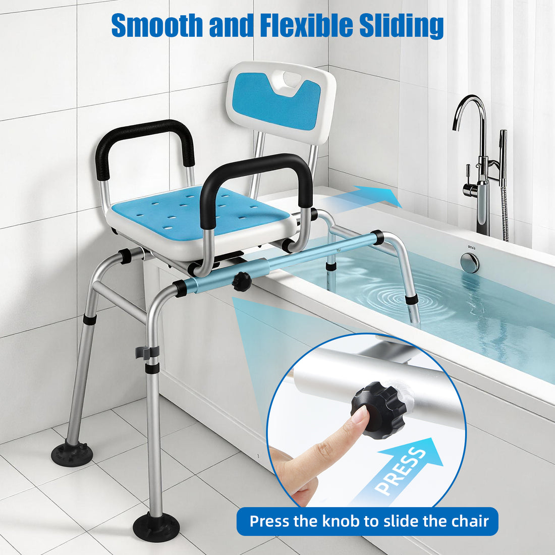 Blue sliding tub transfer bench positioned across a bathtub, with arrows showing seat movement along the rails and a close-up of the sliding control knob.