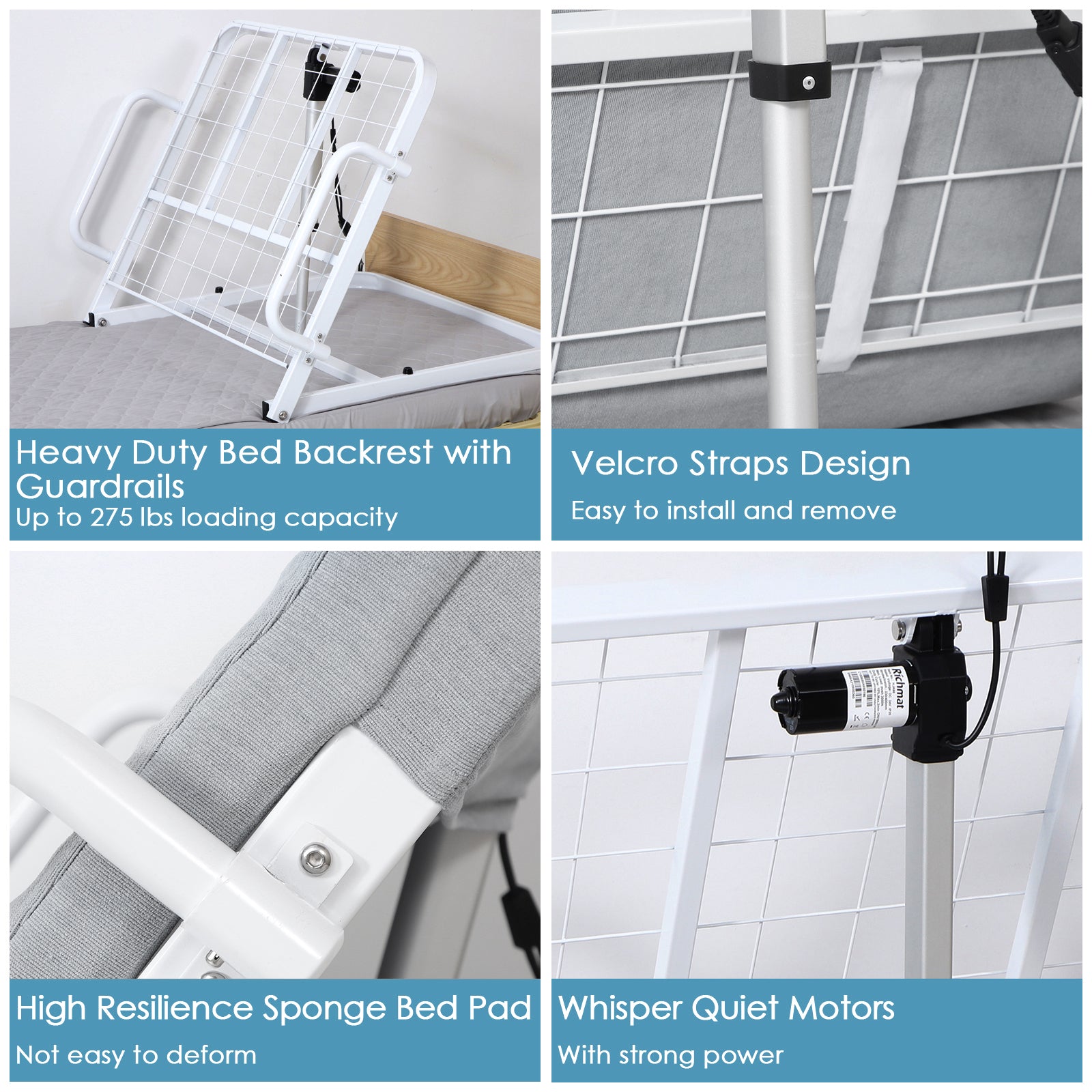 Four-panel electric bed backrest feature graphic showing the metal frame and side rails, Velcro straps, padded cushion, and electric lifting motor.