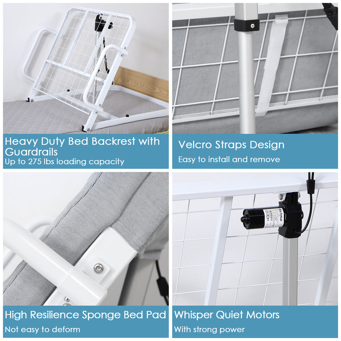 Four-panel electric bed backrest feature graphic showing the metal frame and side rails, Velcro straps, padded cushion, and electric lifting motor.