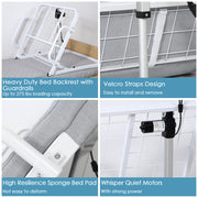 Four-panel electric bed backrest feature graphic showing the metal frame and side rails, Velcro straps, padded cushion, and electric lifting motor.