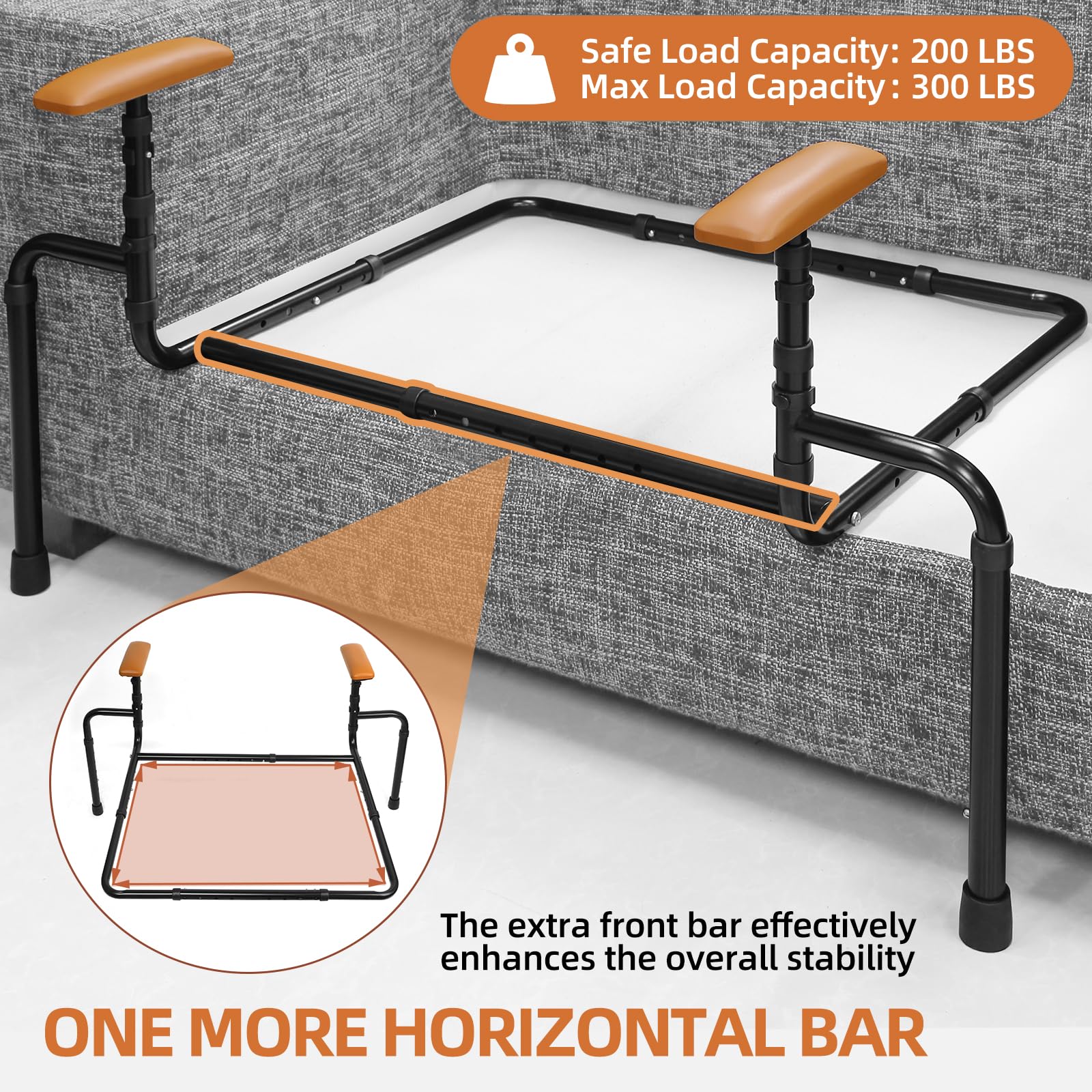 Sofa standing assist rails installed around a gray couch, highlighting the reinforced front crossbar and labels stating a 200 lb safe load and 300 lb maximum load.