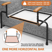 Sofa standing assist rails installed around a gray couch, highlighting the reinforced front crossbar and labels stating a 200 lb safe load and 300 lb maximum load.