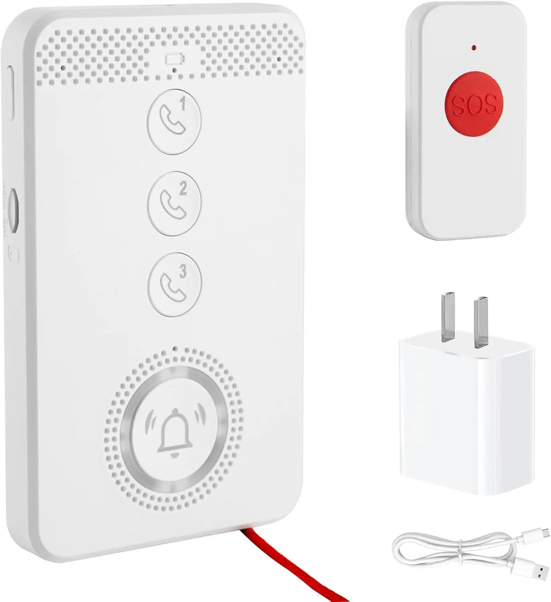 Portable senior voice call system with a white main unit, three numbered call buttons, red SOS button, wall power adapter, and USB charging cable.