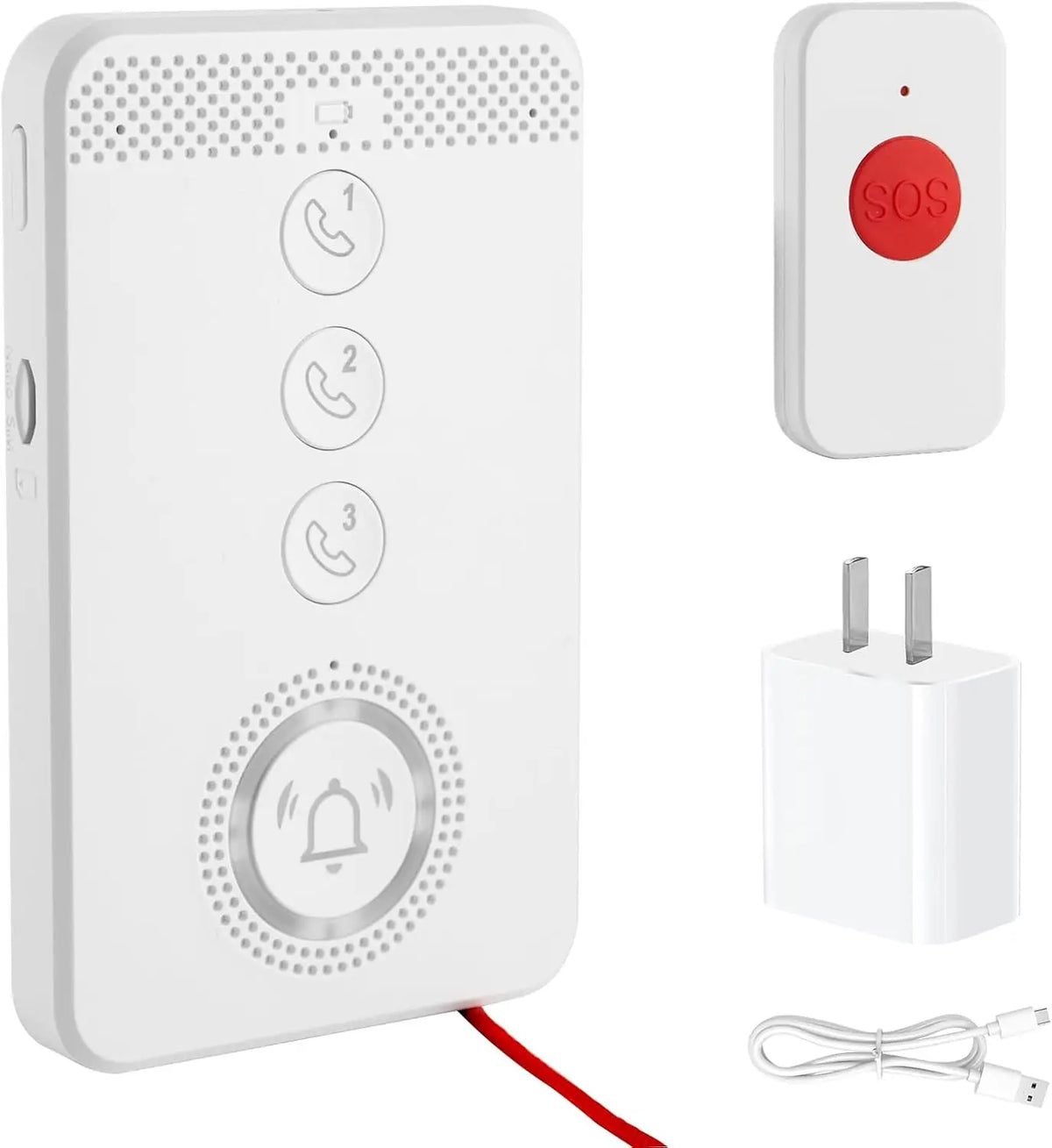 Portable senior voice call system with a white main unit, three numbered call buttons, red SOS button, wall power adapter, and USB charging cable.
