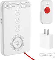 Portable senior voice call system with a white main unit, three numbered call buttons, red SOS button, wall power adapter, and USB charging cable.