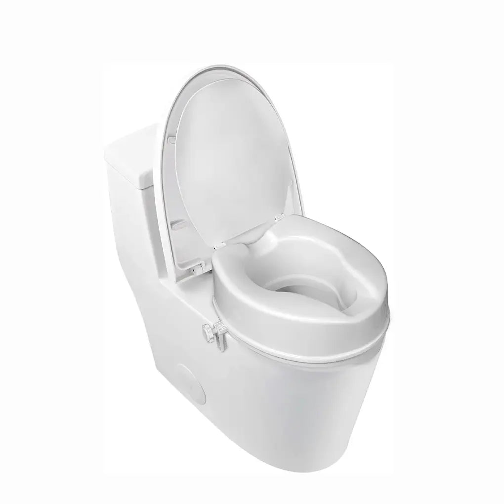 White raised toilet seat with lid, shown with the lid open, a front hygiene opening, and an adjustable side locking knob.