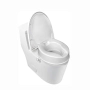 White raised toilet seat with lid, shown with the lid open, a front hygiene opening, and an adjustable side locking knob.