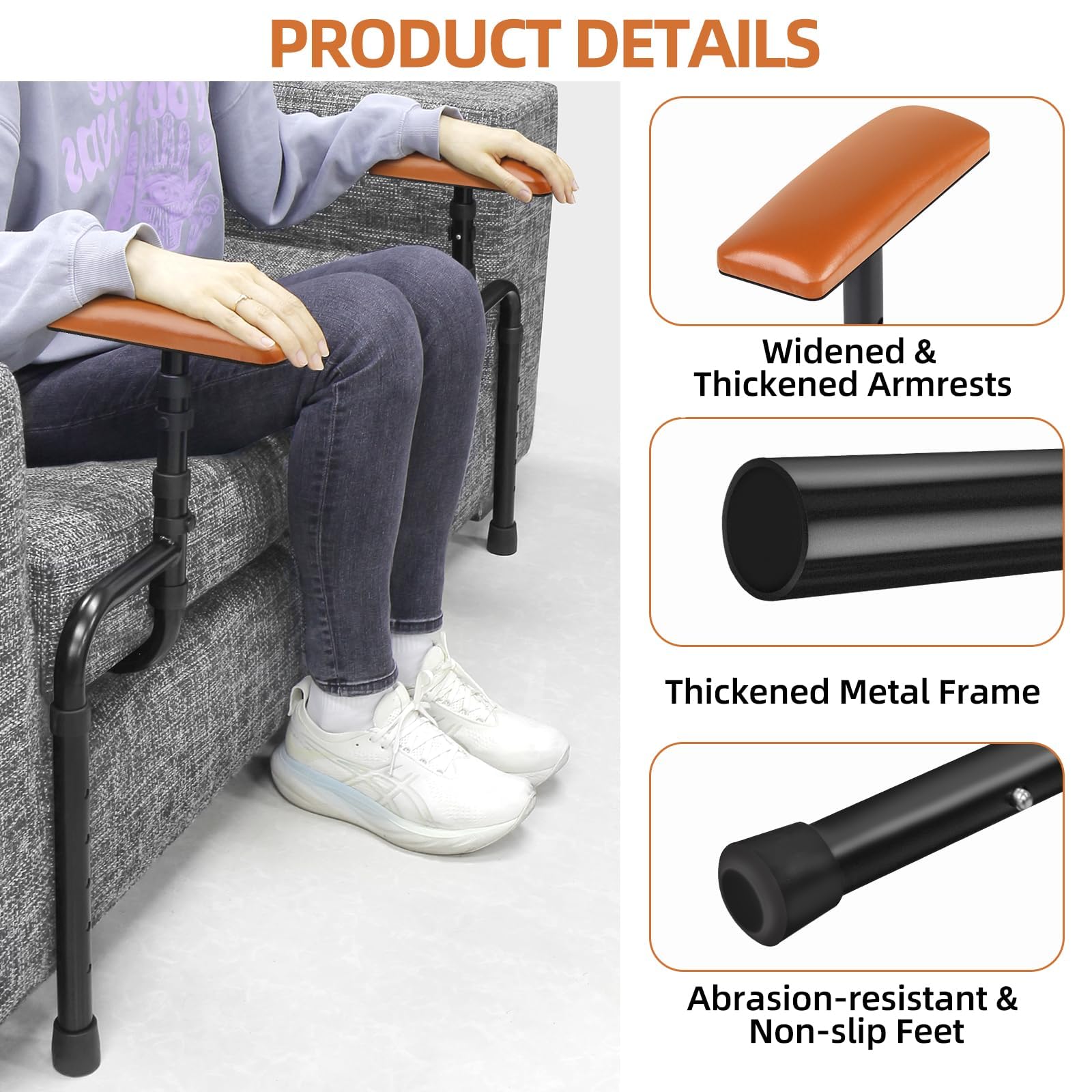 Sofa standing assist rail feature graphic showing a seated person using the padded armrests, with close-ups of the widened armrest, thickened metal tubing, and non-slip rubber feet.