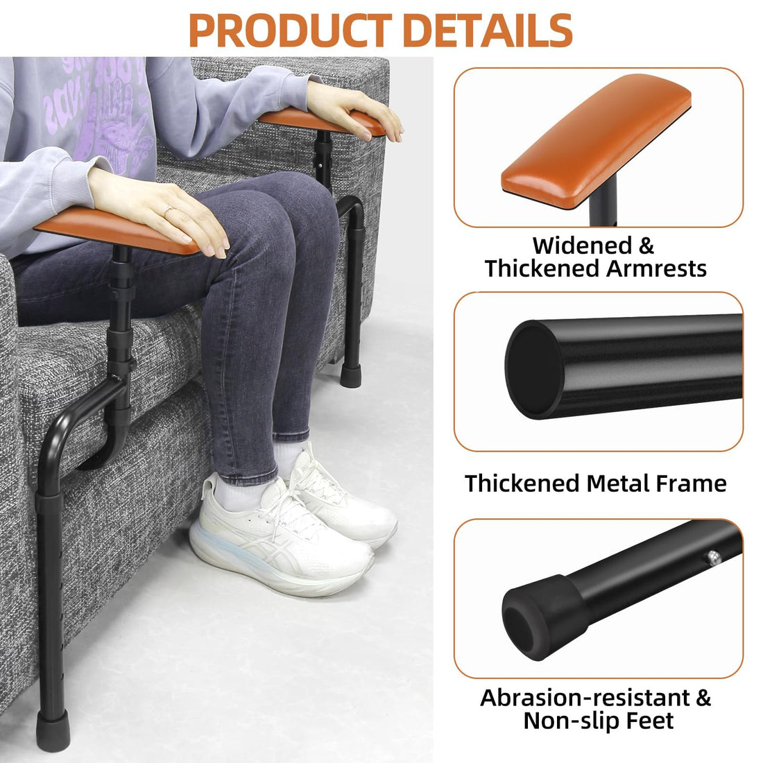 Sofa standing assist rail feature graphic showing a seated person using the padded armrests, with close-ups of the widened armrest, thickened metal tubing, and non-slip rubber feet.
