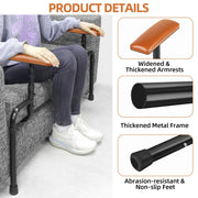 Sofa standing assist rail feature graphic showing a seated person using the padded armrests, with close-ups of the widened armrest, thickened metal tubing, and non-slip rubber feet.