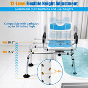 Blue adjustable tub transfer bench showing 12 height settings, a 15.5 to 20.5 inch seat height range, and a close-up of the telescoping leg adjustment holes.