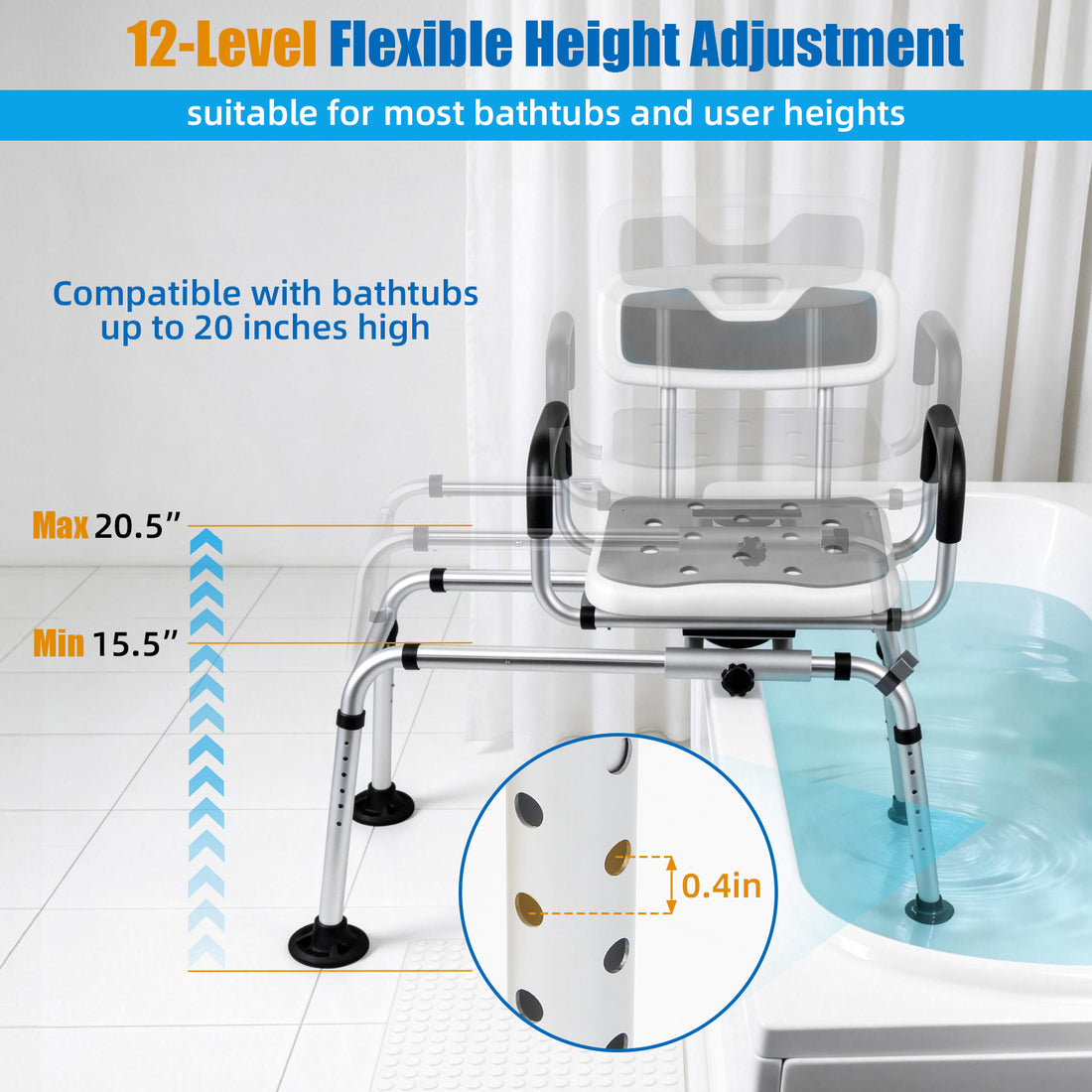 Gray adjustable tub transfer bench showing 12 height settings, a 15.5 to 20.5 inch seat height range, and telescoping leg adjustment holes.