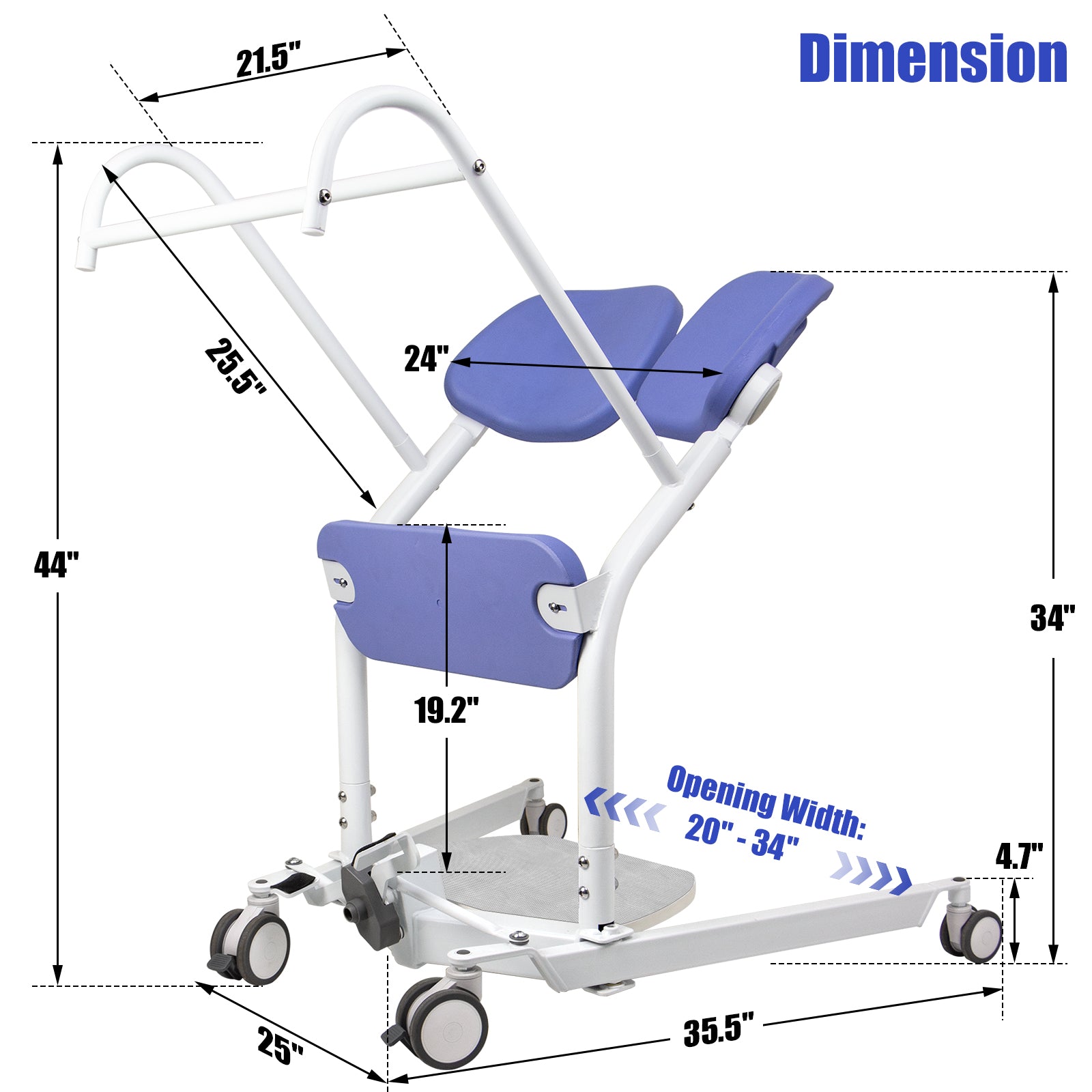 Dimension diagram of the manual sit-to-stand patient lift showing a 44-inch overall height, 35.5-inch base length, 25-inch depth, and adjustable chassis opening from 20 to 34 inches.