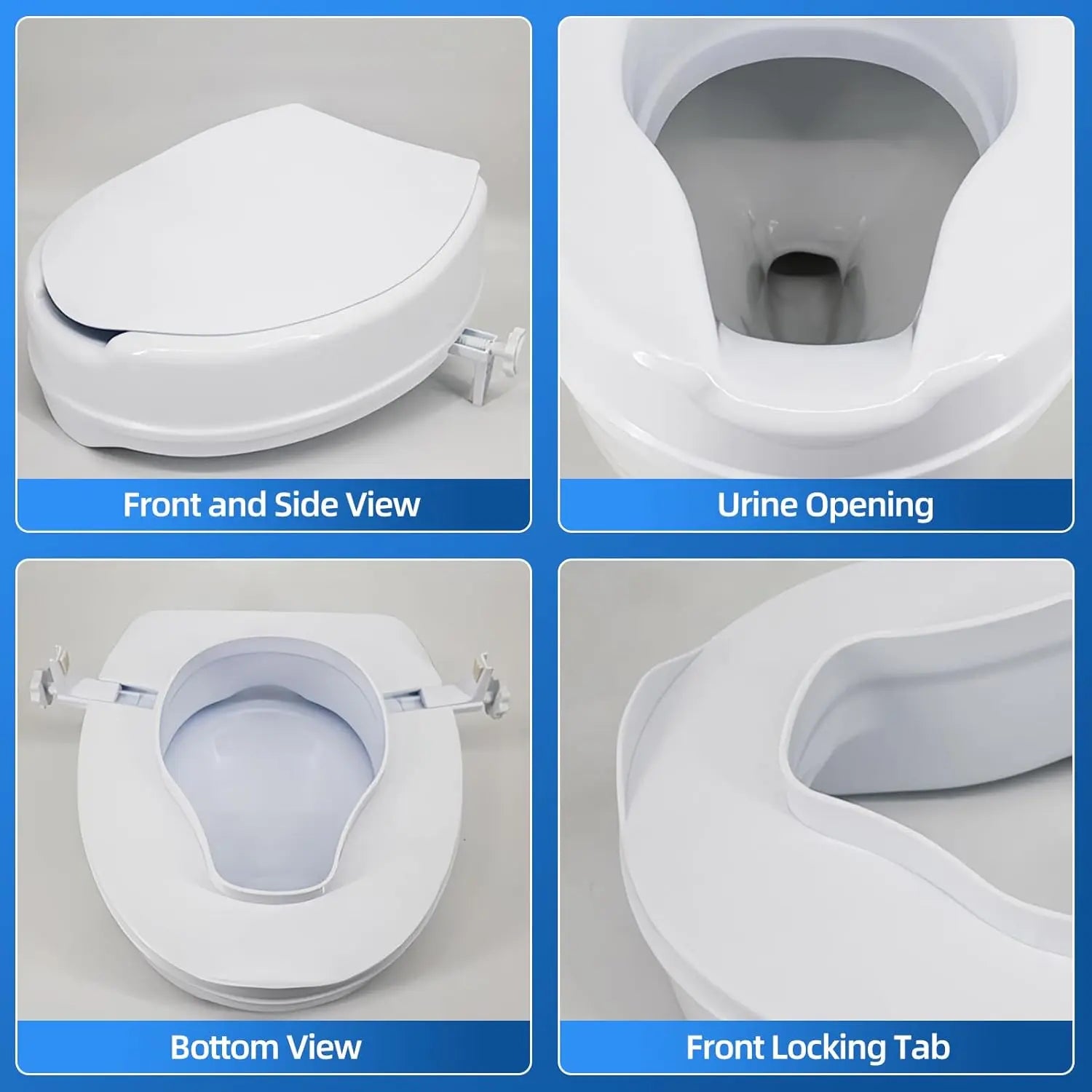 Four-panel raised toilet seat detail graphic showing the closed lid, front hygiene opening, underside with adjustable brackets, and front locking tab.
