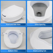 Four-panel raised toilet seat detail graphic showing the closed lid, front hygiene opening, underside with adjustable brackets, and front locking tab.