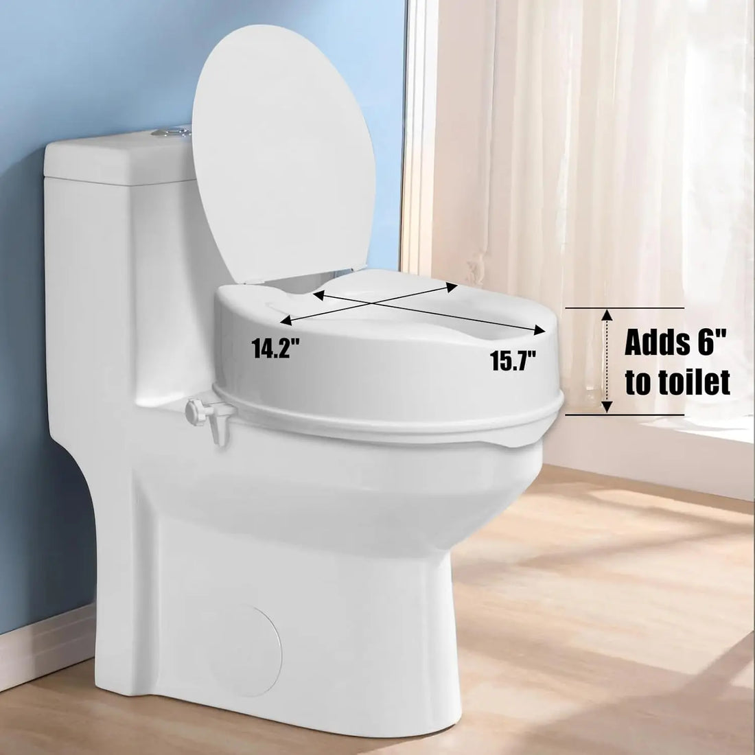 Dimension diagram of a 6-inch raised toilet seat with lid installed on a toilet, showing 14.2 x 15.7 inch dimensions and the added seat height.