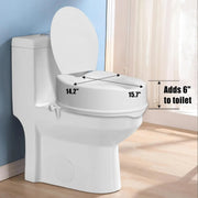 Dimension diagram of a 6-inch raised toilet seat with lid installed on a toilet, showing 14.2 x 15.7 inch dimensions and the added seat height.