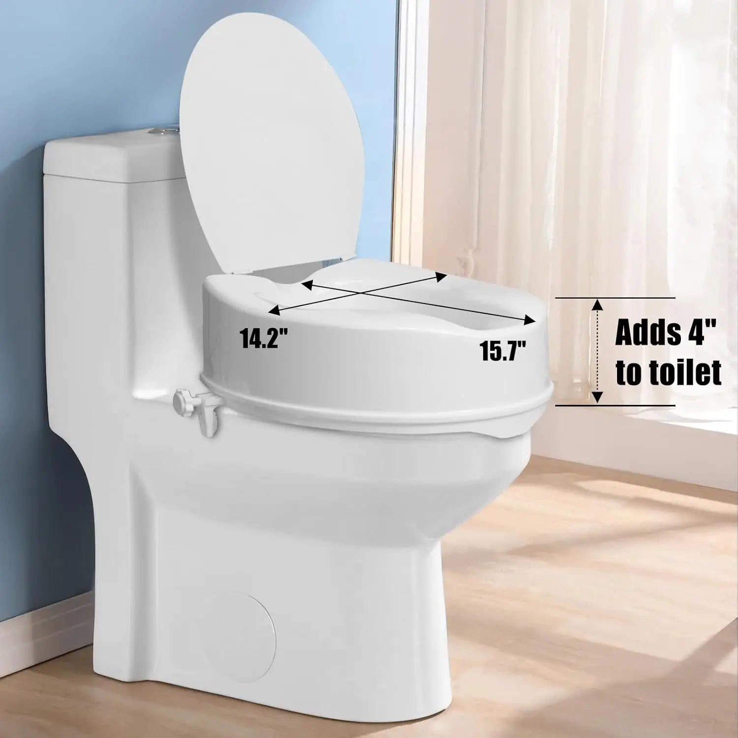 4-inch raised toilet seat dimension graphic showing the seat installed on a toilet, with 14.2 x 15.7 inch dimensions and a 4-inch height increase.