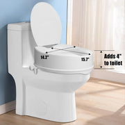 4-inch raised toilet seat dimension graphic showing the seat installed on a toilet, with 14.2 x 15.7 inch dimensions and a 4-inch height increase.