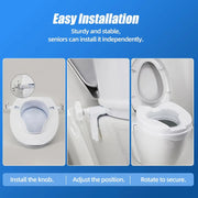 Three-step installation guide for the raised toilet seat, showing how to install the locking knobs, adjust the brackets, and tighten them to secure the seat.