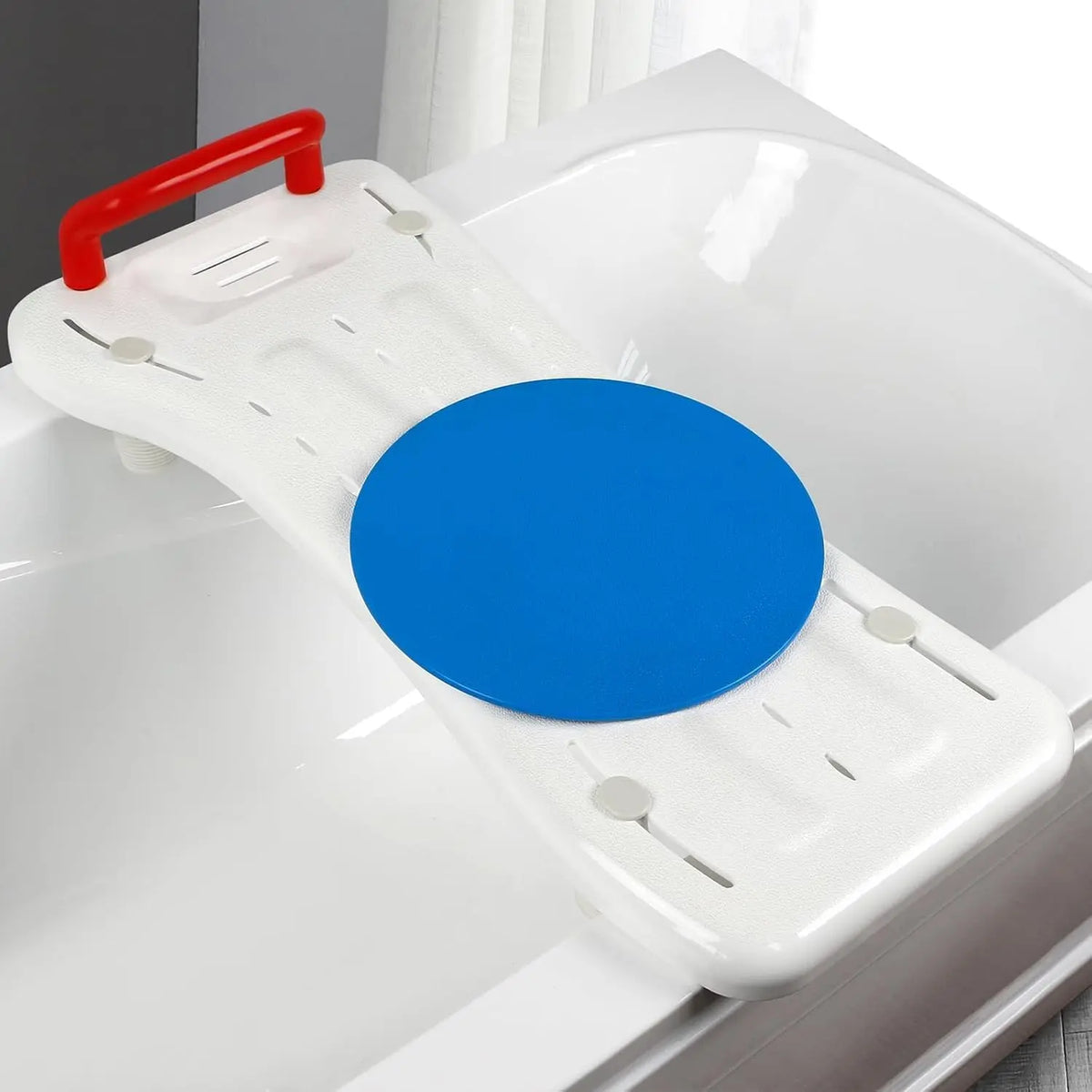 White plastic shower seat with blue circular pad and red handle on a gray background