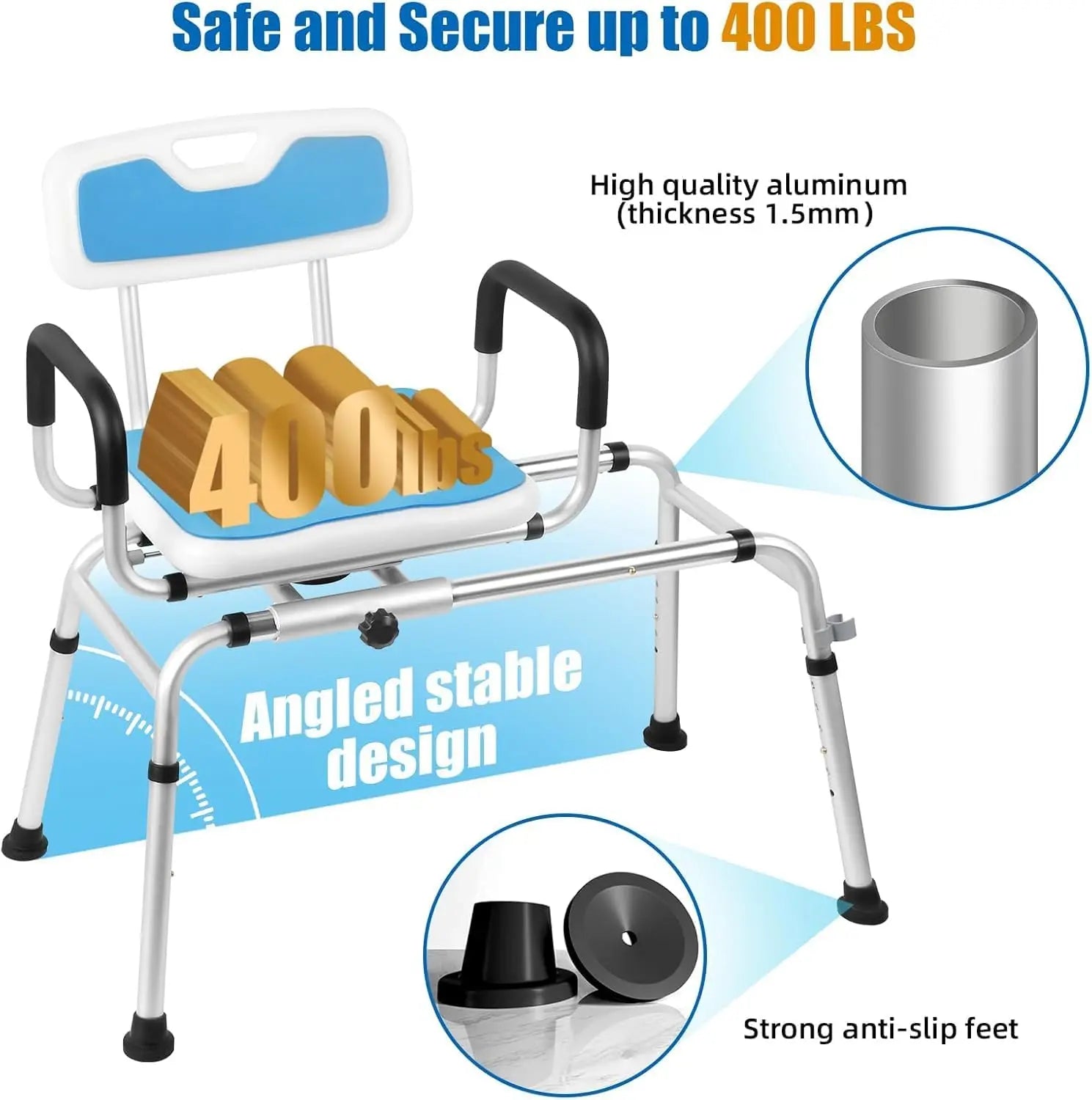 Blue tub transfer bench infographic showing the angled aluminum frame, non-slip feet, and a 400 lb weight capacity label.