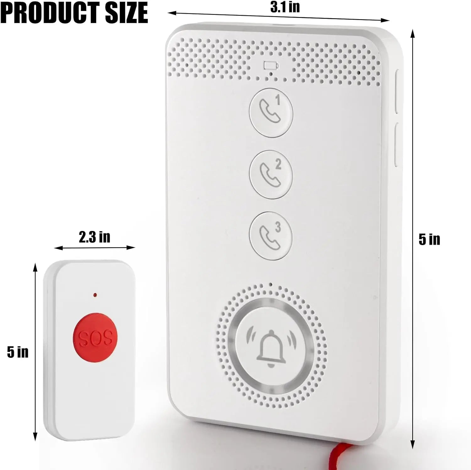 Dimension diagram of the senior voice call system showing the main unit at 5 x 3.1 inches and the portable SOS button at 5 x 2.3 inches.