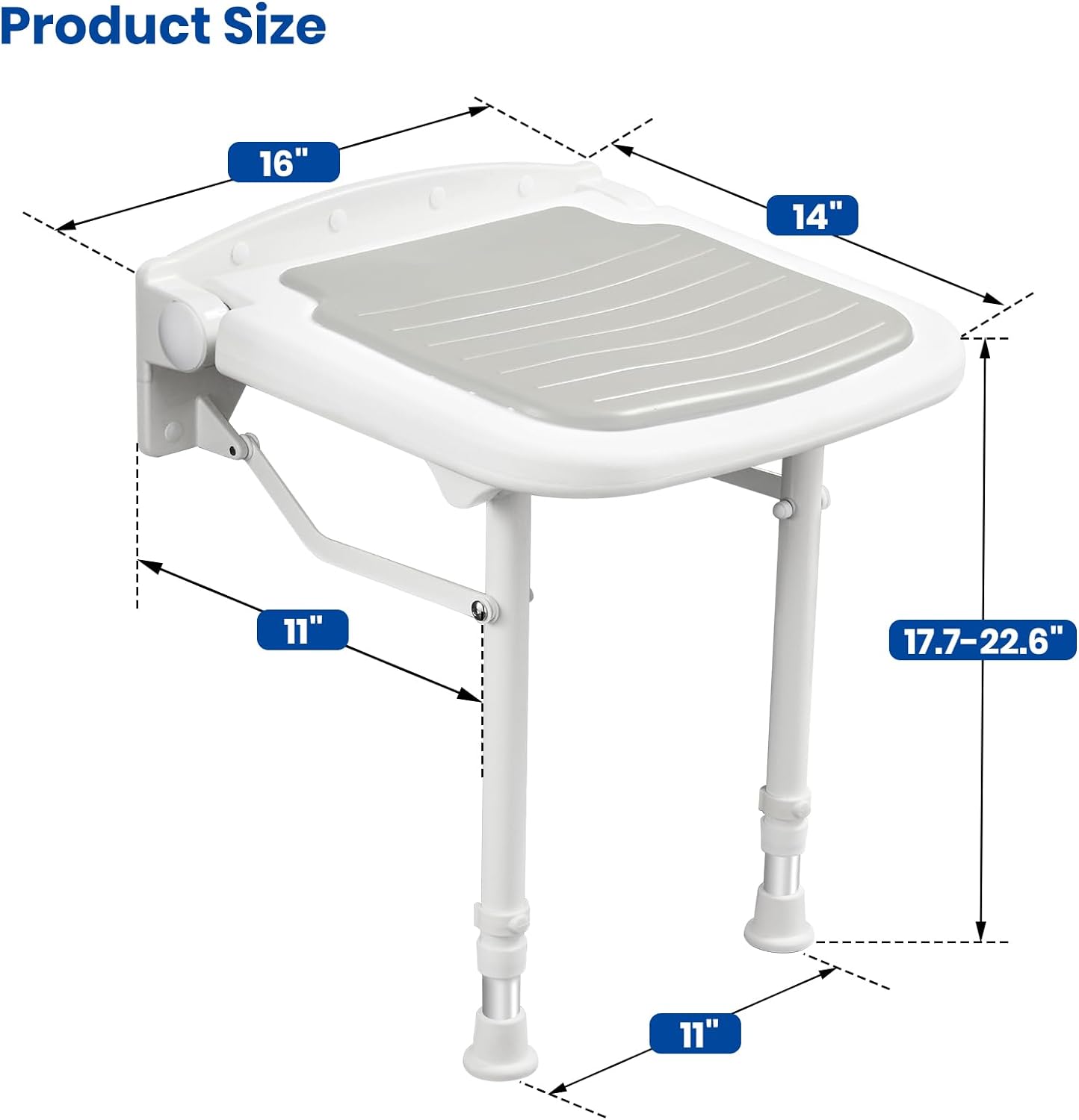 Dimension diagram of the wall-mounted folding shower seat showing a 16 x 14 inch seat, 17.7–22.6 inch adjustable height range, and support frame measurements.