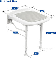 Dimension diagram of the wall-mounted folding shower seat showing a 16 x 14 inch seat, 17.7–22.6 inch adjustable height range, and support frame measurements.