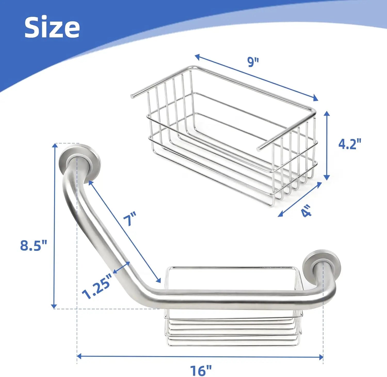 Dimension diagram of the silver angled grab bar showing a 16-inch width, 8.5-inch height, 1.25-inch tube diameter, and a 9 x 4 x 4.2-inch storage basket.