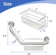 Dimension diagram of the silver angled grab bar showing a 16-inch width, 8.5-inch height, 1.25-inch tube diameter, and a 9 x 4 x 4.2-inch storage basket.
