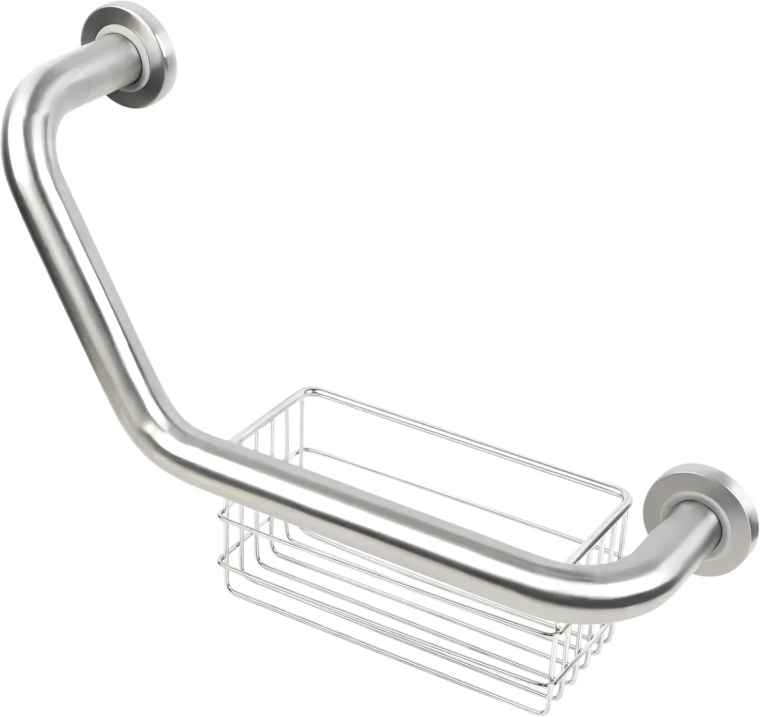 Silver angled bathroom grab bar with an integrated wire storage basket and round wall-mounting plates on a white background.