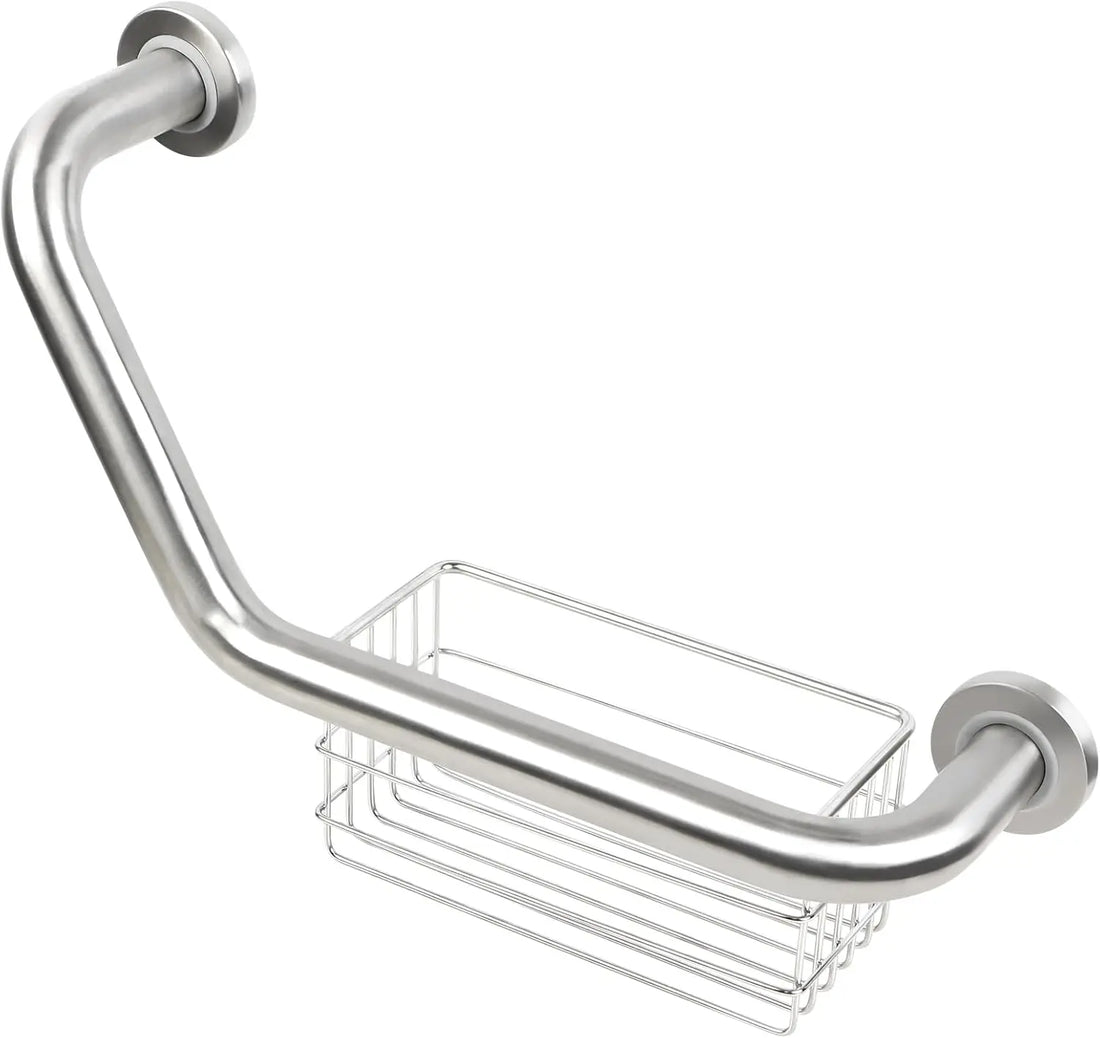 Silver angled bathroom grab bar with an integrated wire storage basket and round wall-mounting plates on a white background.