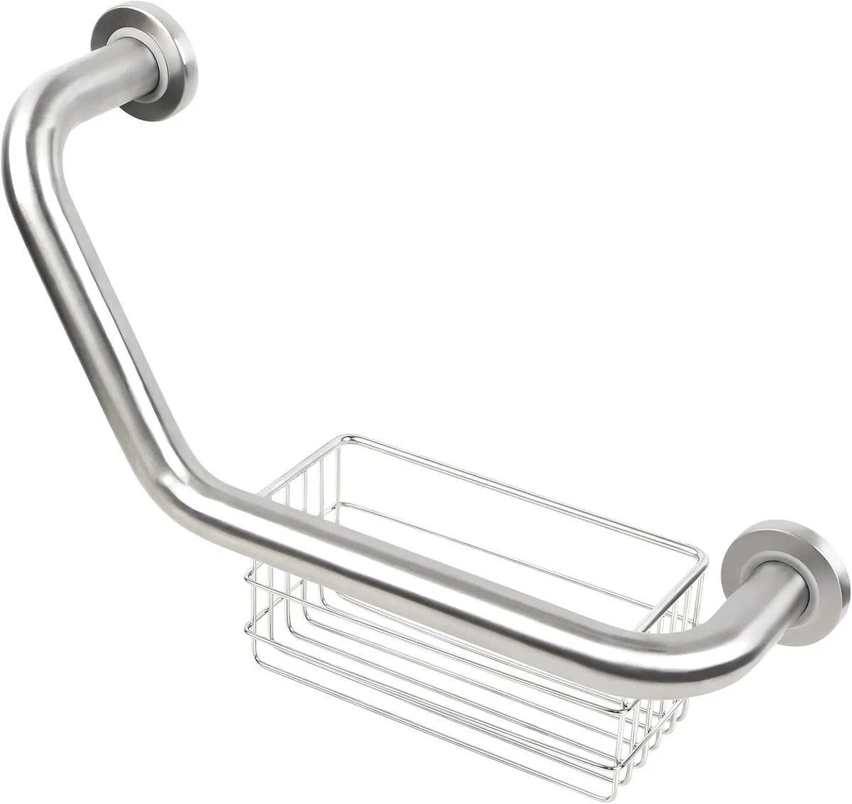 Silver angled bathroom grab bar with an integrated wire storage basket and round wall-mounting plates on a white background.