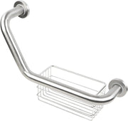 Silver angled bathroom grab bar with an integrated wire storage basket and round wall-mounting plates on a white background.