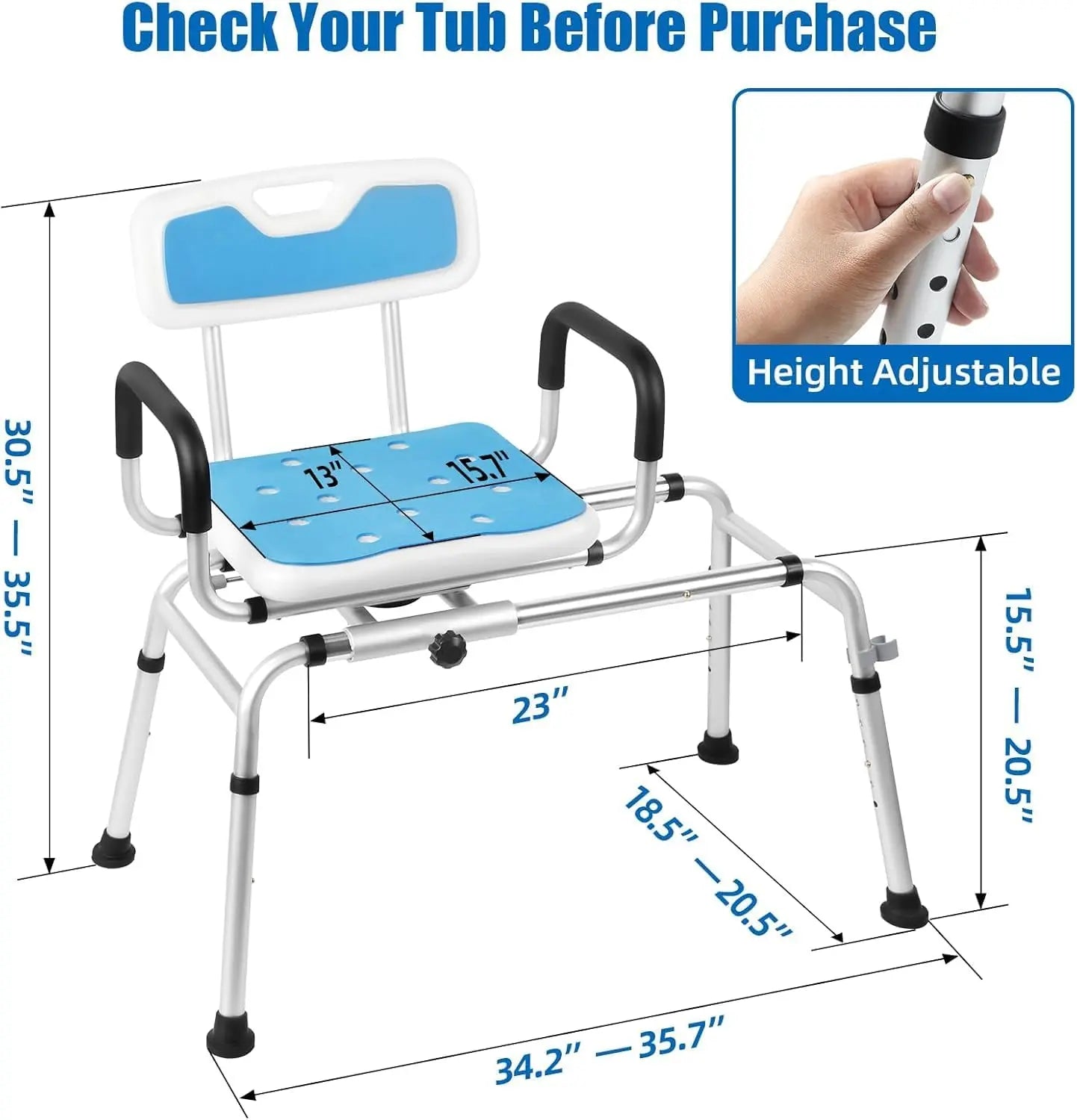 Blue swivel tub transfer bench dimension diagram showing the 15.7 x 13 inch seat, 15.5 to 20.5 inch adjustable seat height, and overall frame dimensions.