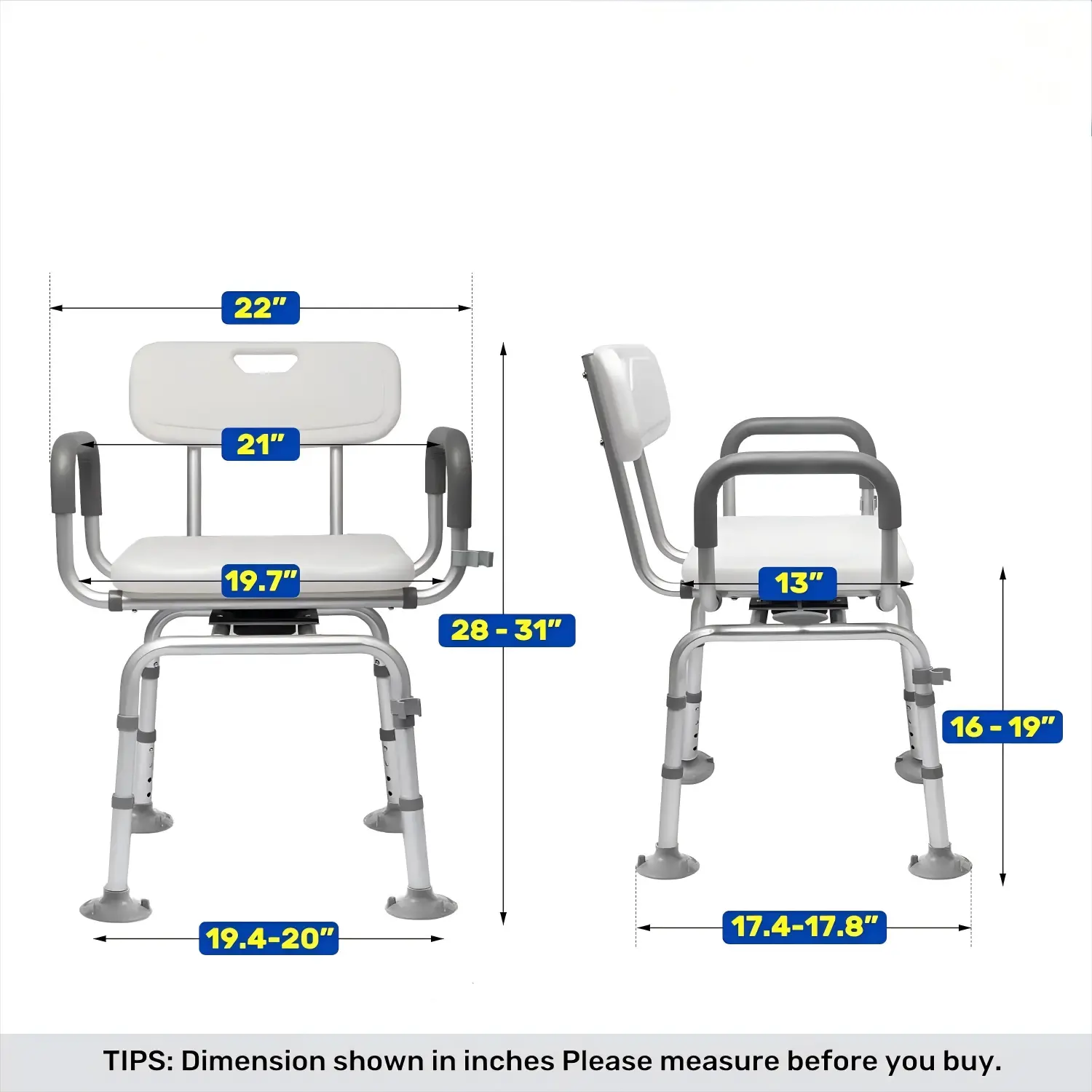 Dimension diagram of the swivel shower chair showing 21-inch armrest spacing, a 19.7-inch seat width, 13-inch seat depth, and adjustable seat height from 16 to 19 inches.